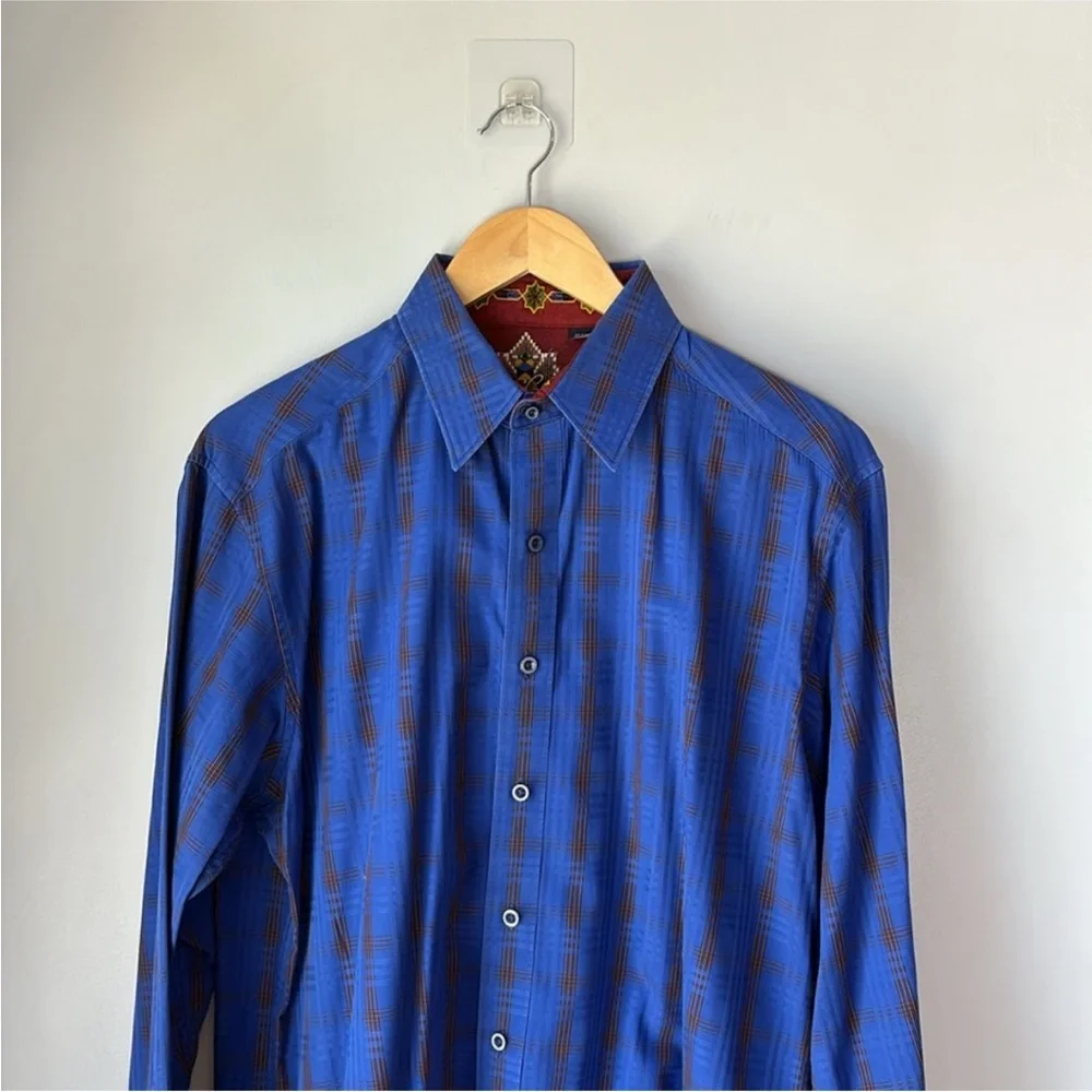 Robert Graham Shirt Flip Cuff Embroidered Shale Blue Plaid - Excellent Condition - Picture 2 of 8